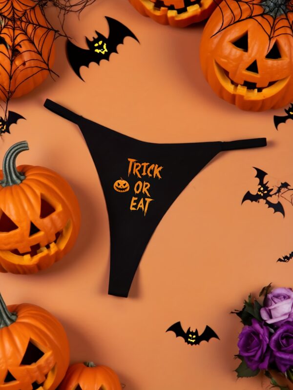 Women's Halloween Panties with 'TRICK EAT' Print and Orange Pumpkin Pattern, Breathable Comfort T-Shirt