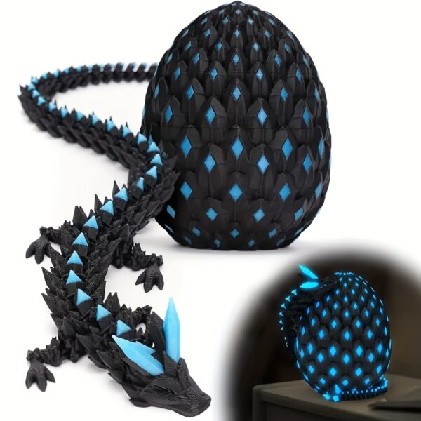 1 Set 3D Printed Glowing Night Light Dragon & Egg with Moving Joints - Glowing Blue Plastic Fantasy Action Figure, Poseable Collectible Statue for Home/Office Decor, Easter/Birthday Gift, Chibi-Style Dragon with Expressive Eyes & Sharp Teeth, Durable Modern Tabletop Decoration, Contemporary Style with Glowing Accents, Ideal for Festive Gifting and Room Decor, Includes Dragon and Egg Display