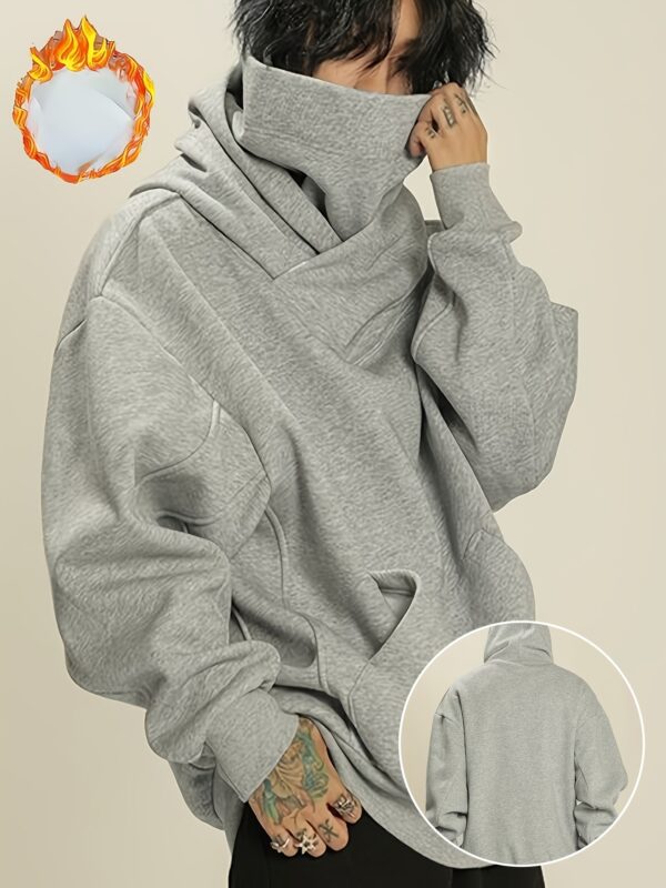 Men's Fleece-Lined Hooded Sweatshirt - High Neck Pullover with Pockets, Loose Fit Casual Winter Warmth, Machine Washable Grey All-Season Top for Daily & Leisure Wear, Sweater Hoodie