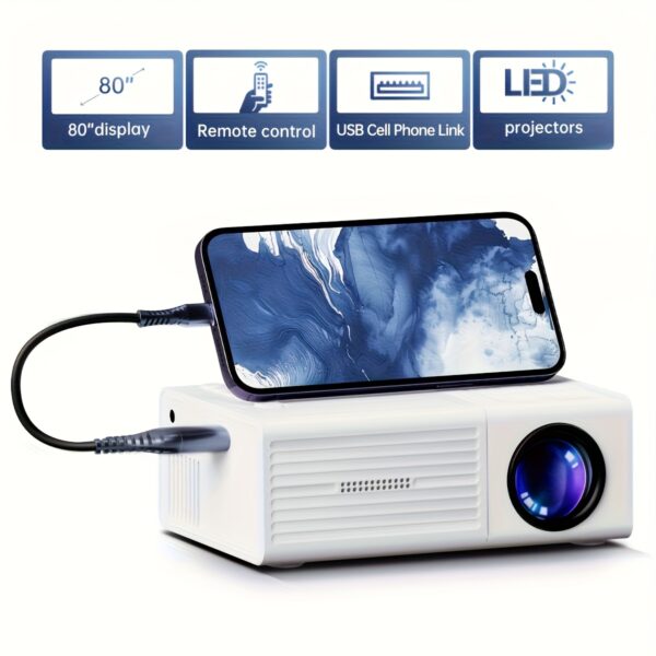 Portable Projector, Support 1080P, USB Connection, Remote Control - Compatible with Smartphones, Tablets, Laptops, TV Sticks and USB Drives, Desktop Mount, LCD Display, Power Supply, Button Control, HDTV Input, 854*480 Resolution, Large Screen Display | Modern Projector | Compact Design, Movie Projector