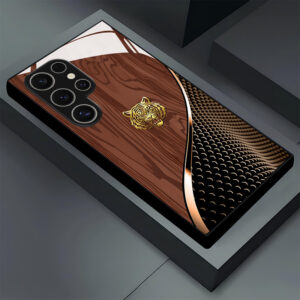 Handsome Golden Tiger Brown Wood Grain Pattern Glass Phone Case for Samsung for Galaxy S25/S25 Plus/S25 Ultra/S24/S24 FE/S24 Plus/S24 Ultra/S23+/S23 Ultra/ /S22+/S22 Ultra/S20+/S20 FE/S20 Ultra/A13/A14/A16/A32/A33/A34/A53/A54/A72/A73 5G All-Match High-End Simple Fashion Trend Couple Men And Women