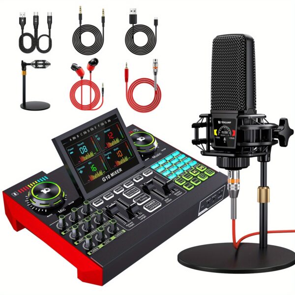 Podcasting Equipment Kit with Vocal Effects Mixer, Vocal Mid-Bass Reverb Control, Wired Microphone Studio Kit, Plug and Play for Mobile Computers, DJ Mixer for Live Broadcast Recording, Game Dubbing, Streaming Media Creation
