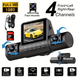 1d01c5cf-b52a-442a-8d53-197168501262.jpg 4-Channel Car Dash Cam with Front, Left/Right Rear Cameras - 1080P HD Night Vision, Night Vision, Loop Recording, Parking Monitor, Motion Detection, G-Sensor, Free 64GB SD Card - Compatible with Smartphone for Taxi, Truck, SUV, Sedan - Compact design, Dash Cam for Cars, Vehicle Security Camera, Integrated Display Screen, Durable Camera System