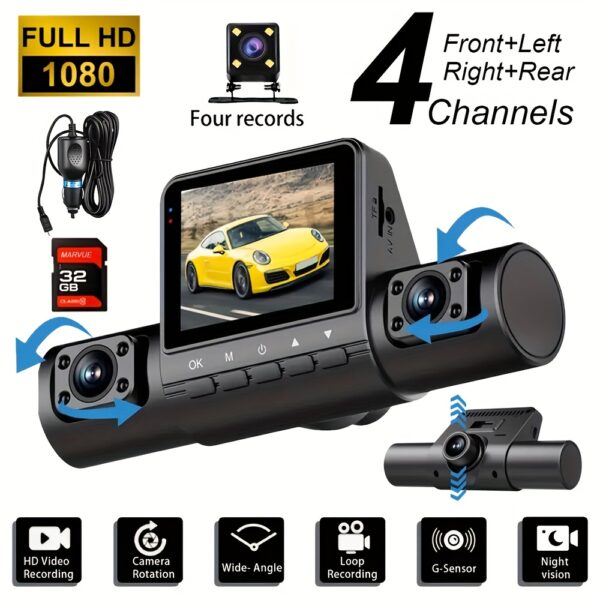 4-Channel Car Dash Cam with Front, Left/Right Rear Cameras - 1080P HD Night Vision, Night Vision, Loop Recording, Parking Monitor, Motion Detection, G-Sensor, Free 64GB SD Card - Compatible with Smartphone for Taxi, Truck, SUV, Sedan - Compact design, Dash Cam for Cars, Vehicle Security Camera, Integrated Display Screen, Durable Camera System