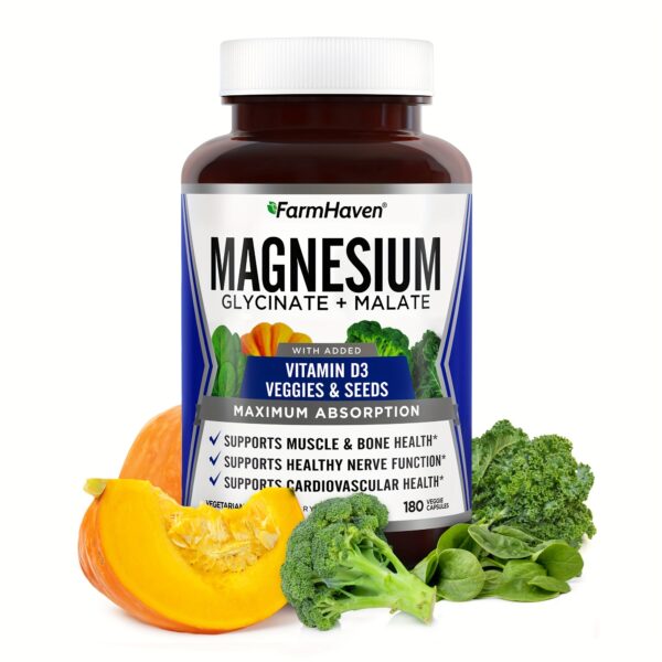 FarmHaven Glycine and Magnesium Malate Complex, Contains Vitamin D3, Supports Bone, Muscle, Cardiovascular Health, Supports Healthy Nervous Function 180 Capsules