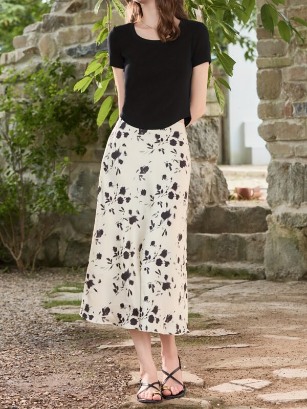 [Summer Breeze] Elegant High-Waist Floral Chiffon Midi Skirt for Women - Spring/Summer 2025, Slimming A-Line Design, Breathable Polyester, Perfect for Casual or Semi-Formal Wear, Spring Summer Attire | Aline Skirt | Glossy Texture