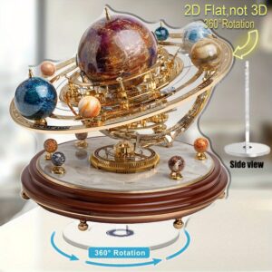 2D Flat, Non-Electric Rotating Acrylic Globe - with 360° Smooth Spin Base, Golden planetary orbits & - for Home/Office Decor, Astronomy Enthusiasts - Father's Day Gift Idea - No Power Needed Desk Decoration, Moon And Stars Decor, Study Room Accessory, Celestial Design, Detailed Craftsmanship, Decorative Planet Model, Office Professionals, 2D Flat
