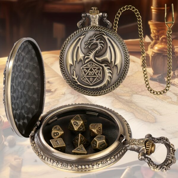 Dragon-Themed Pocket Watch Dice Case with Heavy Chain & 7pcs Polyhedral Metal Dice Set for Tabletop Role-Playing Games - Ideal for Dungeons & Dragons, Fantasy Parties, and Adult Collectors, Age 14+, Game Accessory | Themed Accessory | Detailed Engraving