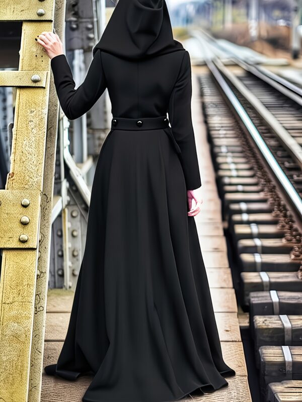 Gothic Halloween Hooded Long Dark Jacket, Unique Tweed Coat with Waist Drawstring for Fall/Winter Parties and Outfits – Extra-Long Hem Creates a Stylish Atmosphere!