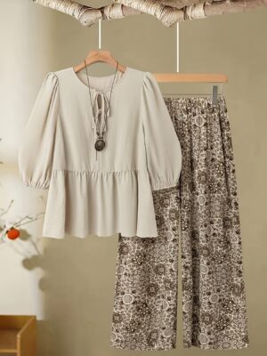 Women'S Plus Size Summer Outfit Set - Elegant Lace-Up Top with Flowy Hem & Matching Wide-Leg Pants, Non-Stretch Fabric, Perfect for Casual or Semi-Formal Occasions, Two-Piece Set