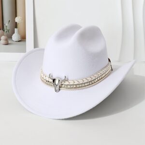 1pc Western Cowboy Hat for Men & Women - Classic Black Wide Brim with Metallic Bull Headband, Hand- White Conical Accent, Reinforced Hard Hat Top for Parties, Costume Parties, Themed Events - Stylish & Durable Gift for Cowboy Enthusiasts, Cowboy Hat for Christmas, Costume Accessory, Durable Headgear