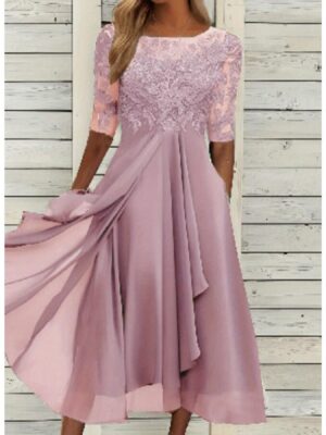 204f660f805f49fdb8e9801a47a8c8ff-goods.jpeg Women's Elegant Chiffon & Lace Maxi Bridesmaid Evening Dress - A-Line Short Sleeve Round Neck Patchwork Cut-Out Formal Party Wedding Dress with Flowing Train, Hand Washable All-Season Wear