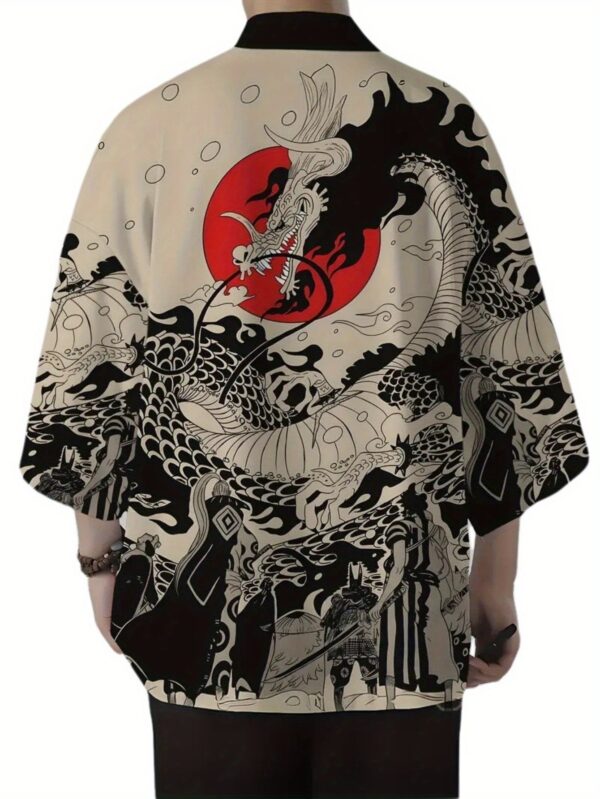 Men'S Casual Loose Fit Dragon Kimono Cardigan - Black & White Japanese-Inspired Print with Red Circle, Long Sleeves, All-Season Wear, Dragon Shirt, Chinese Size, Please Check The Size Guide Carefully