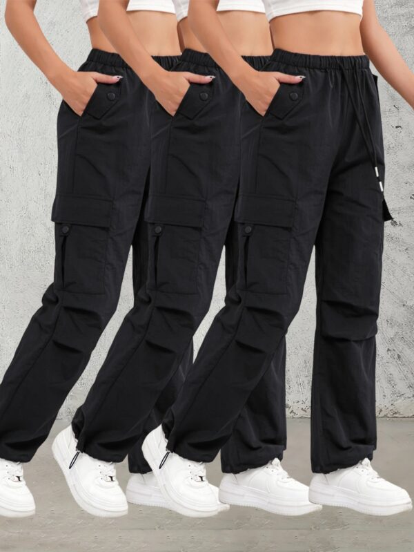 3pcs High-Waisted Cargo Pants for Women - Lightweight Breathable Polyester with Elastic Drawstring Waist, Multiple Pockets, Loose Fit All-Season Casual Workwear, Beige, Black, Brown, Loosefit Pants, Street Style Pants, Nonstretch Fabric