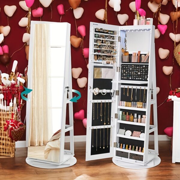 21d92a8c-3770-442b-9173-ffefdb6c4097.jpg Jewelry Armoire with 360° Swivel Base | 3-Tier Adjustable Shelves & Mirror Doors | Bridal Jewelry Storage Cabinet for Necklaces, Fashion Glasses | Modern Home Decor Organizer for New Homeowners, Couples, women, friends, Birthday Gift,Wedding,Bridal Shower, Jewellery Cabinet with Mirror, Contemporary Design, Stylish Storage Solution, Polished Finish, Durable Jewelry Display, Multitier Organizer, Bridal Accessories, Women's Jewelry Display, Jewelry Armoires