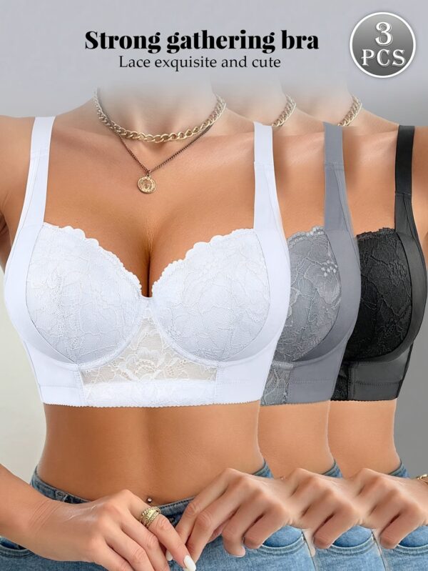 3pcs Women'S Underwire Push-Up Bra Set with Lace Trim - Elegant Solid Color Bra, Non-Removable Pads, Comfortable Everyday & Special Occasion Wear, Everyday Comfort | Elegant Bra Set | Underwire Support