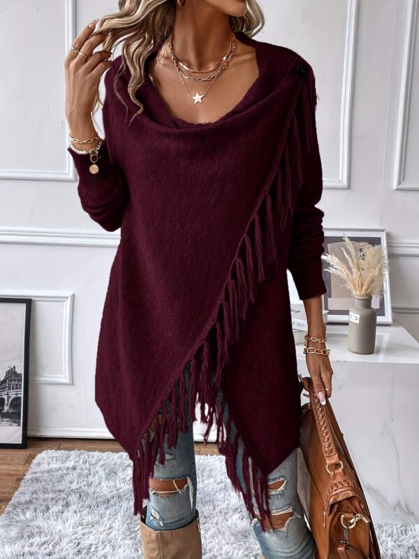 Women'S Elegant Brown Tassel Shawl with Ruffled Hem - Cozy Long Cardigan for Fall/Winter, Casual Style with Fringe Detail, Perfect for Casual Attire, Cozy Clothing | Fringe Detail Cardigan | Fringe Shawl