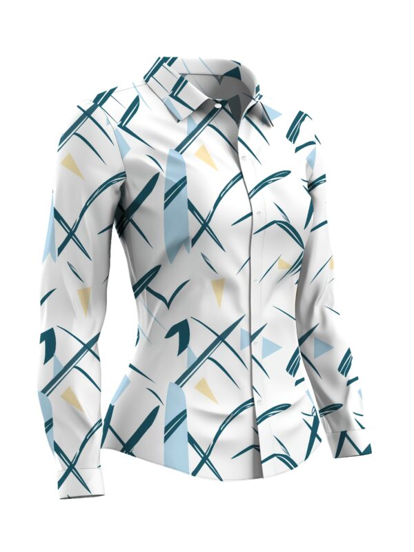 Women's Elegant Geometric Print Long-Sleeve Button-Up Shirt, 100% Polyester, White with Teal and Golden Accents, Casual to Dressy, Machine Washable, Regular Fit, Perfect for Everyday or Office Wear, Office Attire | Modern Casual Shirt | Durable Polyester, Ladies T Shirts