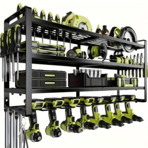 Heavy-Duty Metal Wall-Mounted Tool Organizer & Storage Rack with Drill Stand - Multi-Tier Garage Workshop Organizer with Powder-Coated Black & Yellow Design, Tool Storage Shelf with Tool Holder, Drill Display & Power Tool Station - Ideal Gift for Men, Boyfriend, Father's Day - Garage Organization System, Storage Racks