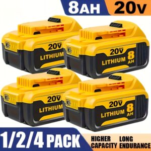 4-Pack 20V 8.0Ah Lithium-Ion High-Capacity Battery Replacement for Dewalt 20V Max Cordless Power Tools - Long-Lasting 8000mAh, 3-LED Power Meter, Overcharge/Overheat/Overcurrent/Overheat Protection, Compatible with DCD/DCF/DCG/DCS Series, DCB102/DCB105/DCB107/DCB115/DCB118 Chargers, 1/2/4 Pack Options, Lithium Battery for Drills, Saws, Grinders (Compatible with DCB200, DCB201, DCB206, DCB210, DCB203), Battery, Batteries All Sizes