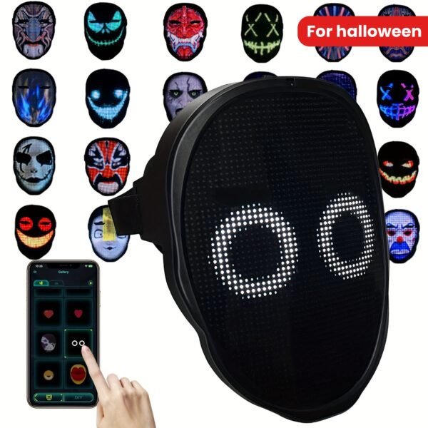 Led Mask With App Controlled, Customizable Shining Mask, Lighted Face Transforming Mask, LED Light Up Halloween Mask For Adults