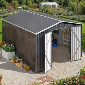 10x14ft Heavy-Duty Metal Outdoor Storage Shed with Lockable Sliding Doors & Sloped Roof - Large Garden Shed for Backyard, Patio, Lawn Tools - Easy Assembly, White/Black, UV-Resistant, Ventilated Design (Assembly Required), Sheds For Outside, Sheds  Garden Storage Shed, Lean To Shed, Shed Storage, Garage Building, Garage Shed, Shed Storage And Organization, Garden Shed Tall, Garage Storage, Storage Sheds For Outside, Garden Storage  Backyard Shed, Backyard Storage,