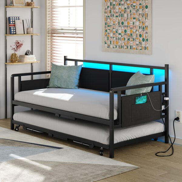 240b4c21-181a-4b9a-8935-f14f7f12eebb.jpg Adjustable Twin Daybed with Pop-Up Trundle & Built-in Charging Station - Modern Metal Frame, RGB LED Lights, Remote Control, Steel Slat Support, Extra Leg Support Legs for Guest Room, Bedroom, Living Room, Small Apartment, Office - Sturdy Lockable Wheels, Adjustable Bed, Versatile Room Furniture, Contemporary Bedroom, Sleek Metal Finish, Durable Construction