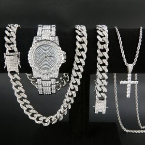 Set Of 4 Pieces, Men's Watch Set, Men's Cuban Necklace Bracelet Set, Men's Cross Necklace Set