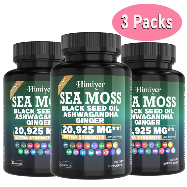 3Packs Sea Moss Capsules with Black Seed Oil, Ashwagandha & Turmeric - 7000mg Vitamin C & D3, Extra Strength Immunity & Energy Support, Natural Supplement for Health & Wellness