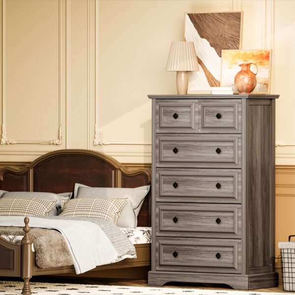 258b2848-de54-4a94-8eca-1e973c8eccf9.jpg 6 Drawer Dresser, Farmhouse Chest Of Drawers For Bedroom, 48" Tall Modern Dresser With Large Metal Handle, Wood Drawer Organizer For Living Room, Hallway, Closet