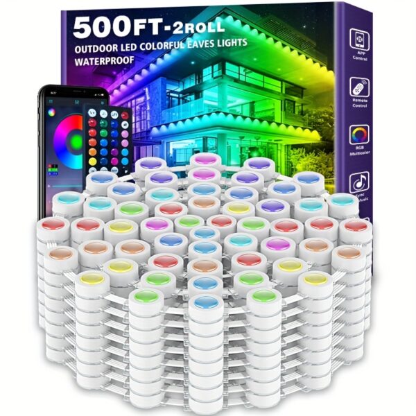 500FT Permanent Outdoor RGB Lights, Smart LED Eaves Lights With App/Remote Control, For Christmas And All Holiday Decor, Daily And Accent Lighting, House Roof And Garden Lighting