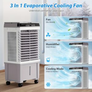 Evaporative Air Cooler with 5.2 Gallon Water Tank, Remote Control&12-Hour Timer, 120° Oscillating Moisture Cooler, Portable Air Cooler with 3 Speeds for Bedroom, 4 Ice Boxes, Laboratory Use