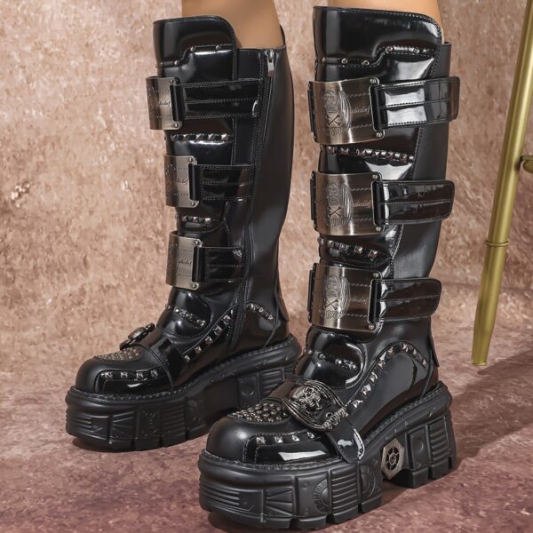Black Punk-Style Studded Platform Boots for Heavy Metal with Thick Soles.