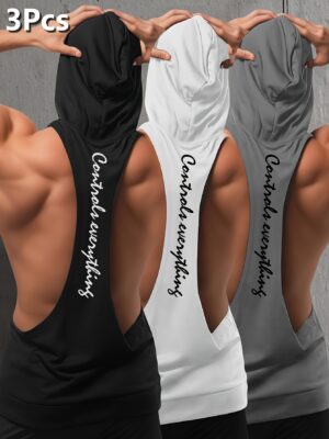 2625f0e0-382d-4307-867c-0e844c3c5020.jpg 3pcs Men's Breathable Sleeveless Hooded Workout Vests - Moisture-Wicking Summer Gym Shirts with Motivational Letter Print, Slim Fit Athletic Tops for Training & Casual Wear (Black/White/Grey), Gym Clothes, Smooth Texture Finish