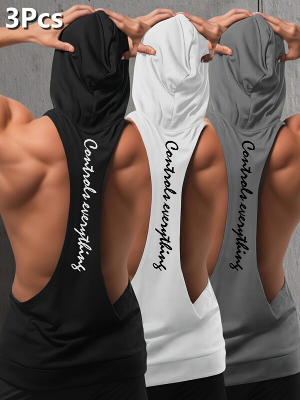 3pcs Men's Breathable Sleeveless Hooded Workout Vests - Moisture-Wicking Summer Gym Shirts with Motivational Letter Print, Slim Fit Athletic Tops for Training & Casual Wear (Black/White/Grey), Gym Clothes, Smooth Texture Finish