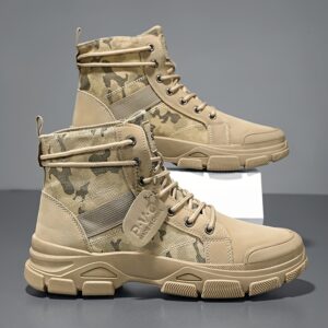 ZHENYUEZU Men's Tactical Boots - All-Season Non-Slip PVC Outsole, Beige/Camouflage Colorway, Lace-Up Closure for Hiking, Hunting, Everyday - PU & Fabric Upper Military/Outdoor Boots, Camouflage Boots, Hiking Footwear, Preppy Style Shoe, Durable Footwear Construction