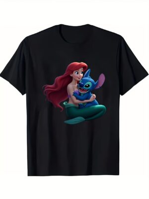 for Ariel and Stitch Hugging Undersea All Season 220g Cotton Single Sided Printed Crew Neck Short Sleeve T Shirt