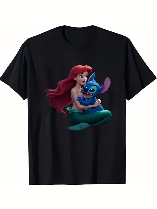 for Ariel and Stitch Hugging Undersea All Season 220g Cotton Single Sided Printed Crew Neck Short Sleeve T Shirt