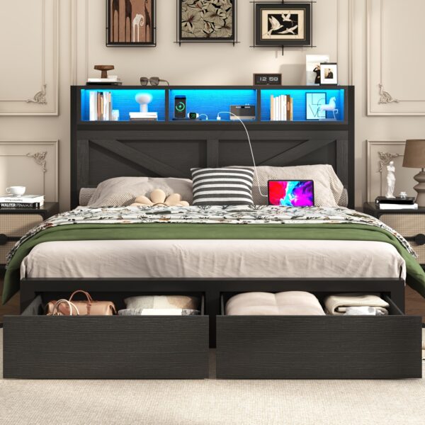 Farmhouse Bed Frame with Storage Headboard, LED Lights, Charging Station and 2 Drawers, Arrow Design, No Box Spring Needed, Rustic Brown