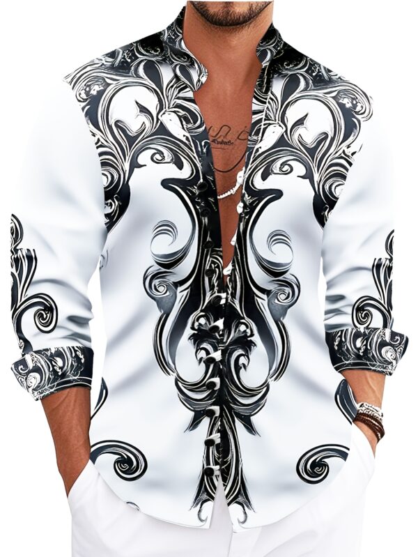 Men'S Black Baroque-Style Floral Print Shirt - Long Sleeve, Mandarin Collar, Casual Button-Up for Parties & Outdoor Events, Elegant Design for Casual Attire, Party Attire, Sophisticated Style, Nonstretch Fabric