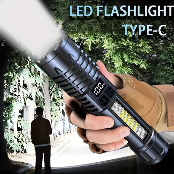 High-Brightness Rechargeable LED Tactical Flashlights, A Total Of 5 Modes, COB Side Lights, Adjustable Focus, USB C Interface, Suitable For Outdoor Adventure, Camping, Travel And Emergency, Bright Outdoor Lighting