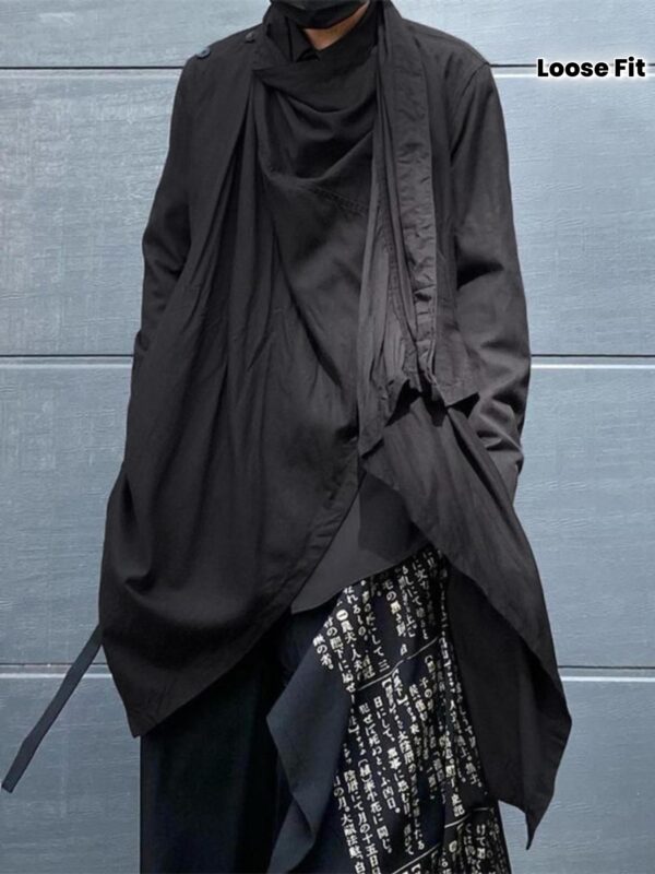 [Casual Cloak Top] Modern Casual Men's Cloak Top | Loose Fit Long Sleeve Shirt with Asymmetrical Hem, Solid Black, Machine Washable for Spring/Fall - Nonelastic Fabric