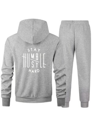 Two-piece set of solid color Men's sportswear with letter print, casual long-sleeved zippered hoodie with drawstring and jogging pants suitable for fitness and running