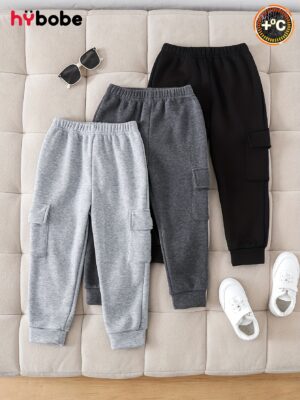 3pcs Boys' Autumn/Winter Light Grey + Dark Grey + Black Solid Color Pants with Pockets, Trendy and Stylish Long Trousers for Kids - Perfect Gift, Perfect for Outdoor