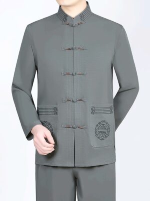 Men'S Elegant Summer Tang Jacket - Long Sleeve, Chinese Style, Stand Collar, Button-Up Shirt with Pockets, Non-Stretch Fabric, Regular Fit, Perfect for Casual Wear, Summer Jacket|Traditional Attire|Pocketed Shirt, Chinese Size, Please Check The Size Guide Carefully