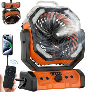 20000mAh Dual Motor Battery Powered 8 Speed Desk Fan With New Upgraded Mist Cooling Function, 4 LED Lanterns, Remote Control, Quiet Operation, And Hook For Portable Outdoor Use In Camping Tent, Outdoor Fishing, Power Outage, Construction Site