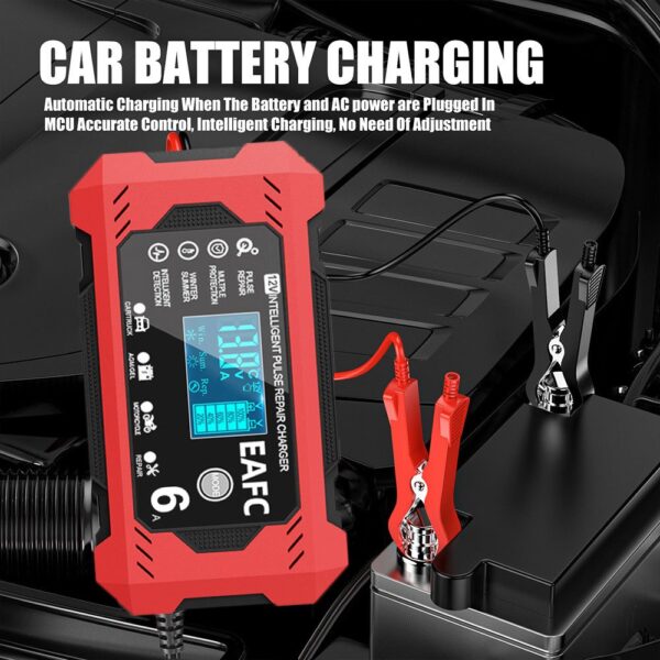 [EAFC Smart Battery Charger] EAFC Smart Battery Charger - 12V 6A with LCD Display, Automatic Charging, Temperature Compensation, Overcharge & Short Circuit Protection for Car, Truck, Motorcycle, Lawn Mower, Marine Lead Acid Batteries