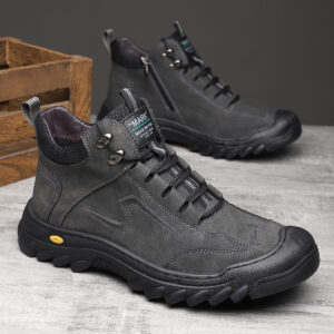 Men's Mid-Top Hiking Boots, Solid Color Casual Lace-Up Shoes with Non-Slip Rubber Sole, Wear-Resistant PU Upper for All-Season Daily Wear