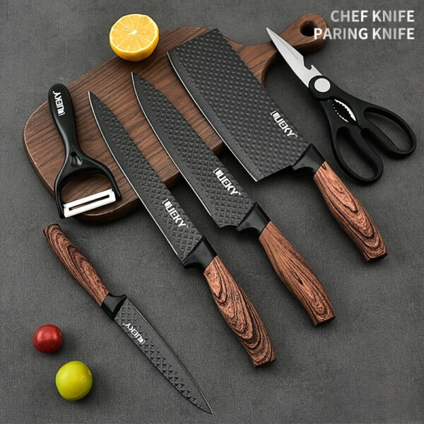 Professional 6pcs Kitchen Knives Set, Chef, Cleaver, Slicer, Utility Knife Peeler& Scissors Stainless Steel Ultra Sharp with Non-Stick Ergonomic Wood Handle Cooking Chef Knife Set for Home Travel Vegetable, Meat, Fruit Gift Box