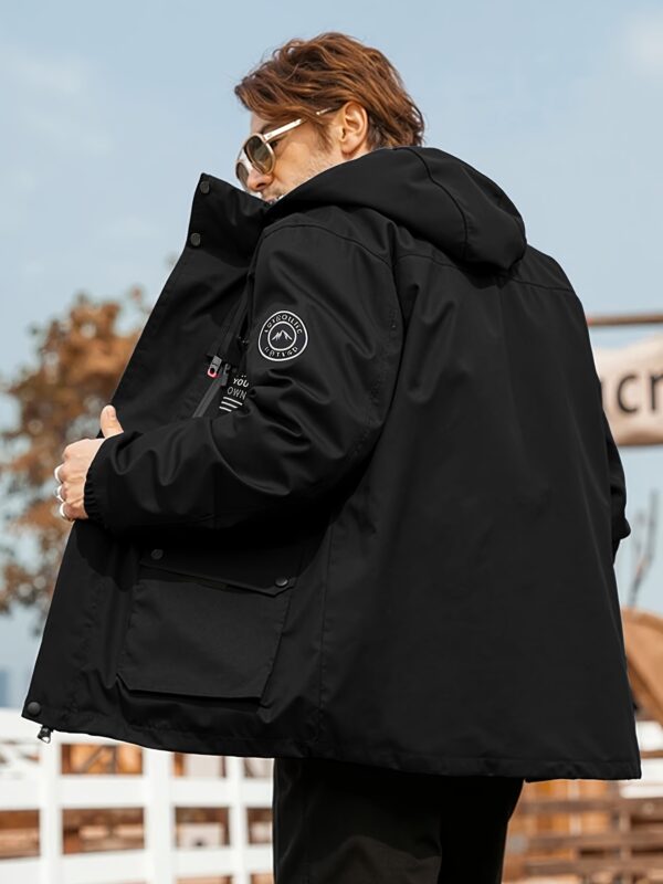 Men's Heavy-Duty Hooded Jacket - Windproof Loose Fit Coat with Multiple Zippered/Pocket - Oversized Workwear Jacket for Big & Tall - Machine Washable Polyester Outerwear for Travel, Hiking, Home - Non-Stretch Fabric Construction, Hiking Apparel, College Style, Durable Construction, Travel Apparel, Reinforced Stitching, Outdoor Enthusiasts, PLUS SIZE